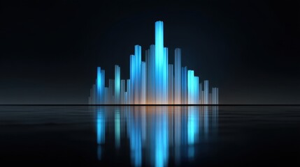 Abstract representation of sound waves and audio frequencies with glowing blue and orange bars reflecting on dark surface in a futuristic style