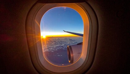 Fototapeta premium Breathtaking sunrise view from airplane window with clouds