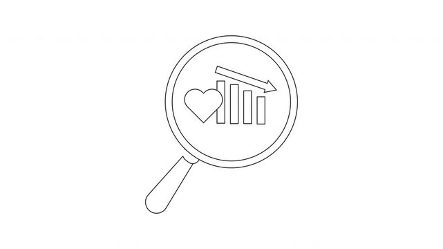 A magnifying glass frames a heart a descending bar graph and a downwardpointing arrow