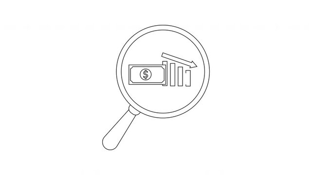 A magnifying glass focuses on money  a decreasing bar graph with an arrow