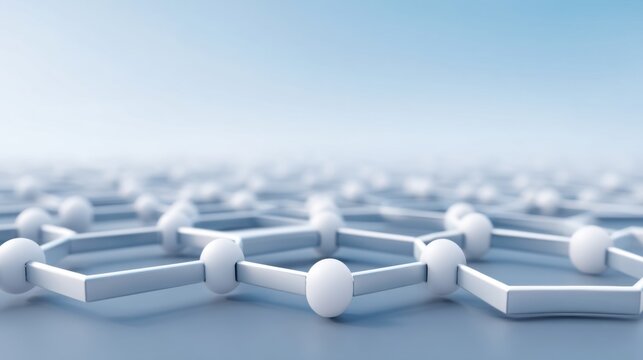 Abstract representation of a molecular structure showcasing interconnected atoms and geometric shapes with a soft blue gradient background - Powered by Adobe