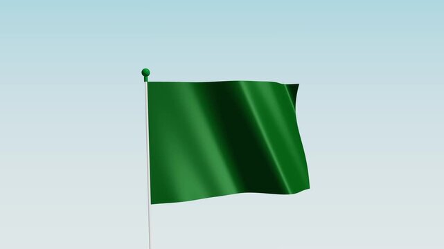 Plain Solid Green Flag Waving On Flagpole Against Blue Sky Animation