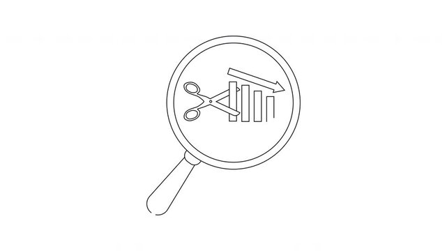 A magnifying glass highlights a cut stock chart with a down arrow symbolizing financial analysis