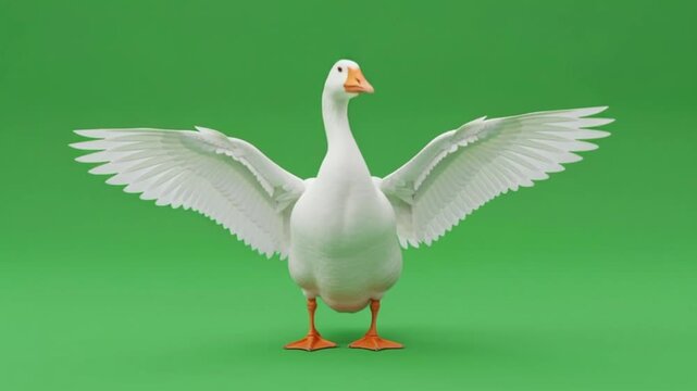 Realistic white domestic goose standing isolated on a solid green screen background. Side view of a farm bird with orange beak and webbed feet, ready for chroma keying and compositing