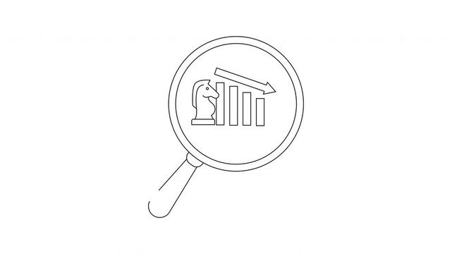 A magnifying glass reveals a chart with a chess knight and a descending arrow