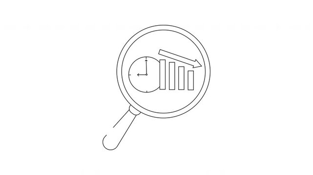 A magnifying glass reveals a clock a descending bar graph and an arrow pointing downwards