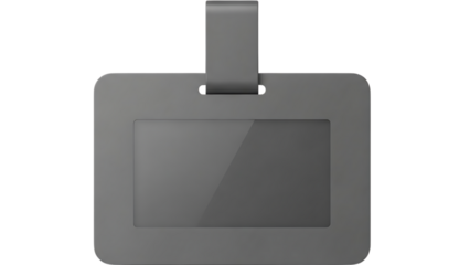 Gray blank name tag or badge with a clear plastic window and a hanging loop, isolated on transparent background for easy customization.