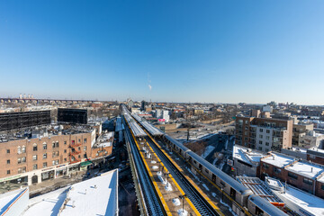 Drone view from Jamaica Queens overlooking Manhattan and Queens skyline