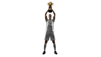 A triumphant athlete raises a golden trophy high above their head against a clean white transparent background, symbolizing victory and achievement in a sporting event