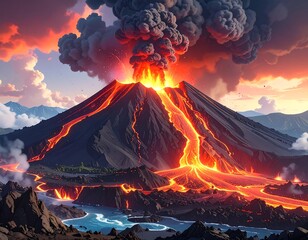 Dramatic view of an erupting volcano with fiery lava flows