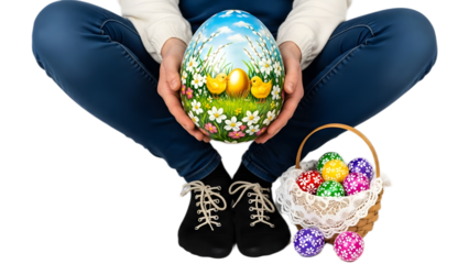 Person holding decorated Easter egg and basket full of colorful eggs