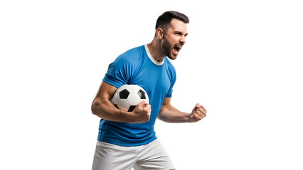 Triumphant football player running with ball in a blue jersey on transparent background