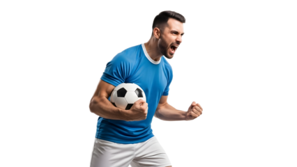 Triumphant football player running with ball in a blue jersey on transparent background