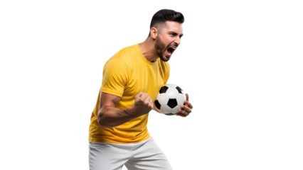 Man holding soccer ball and celebrating with excitement and joy on transparent background