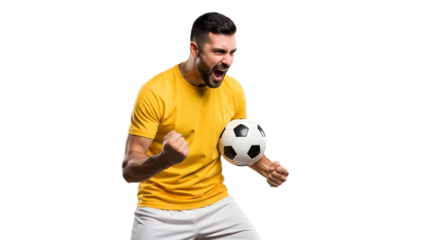 Man in yellow shirt holding soccer ball and celebrating on transparent background