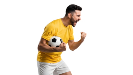 Man Celebrating Soccer Victory with Ball in Hand on transparent background