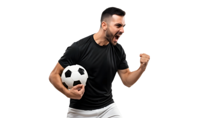 Triumphant soccer player celebrating with ball in hand against a white transparent background
