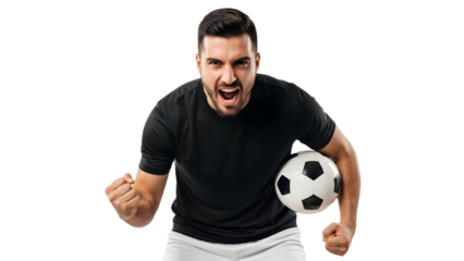 Man Celebrating with Soccer Ball on transparent background