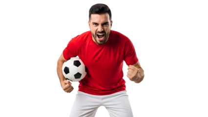Man in red shirt holding soccer ball and celebrating on transparent background