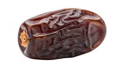 single ripe brown date fruit with wrinkled skin on transparent background