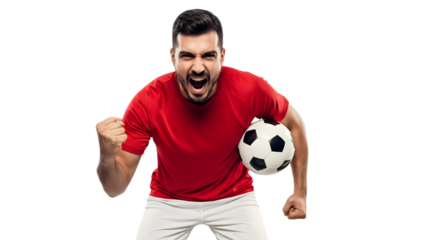 Triumphant soccer player holding ball and celebrating with a fist pump on transparent background