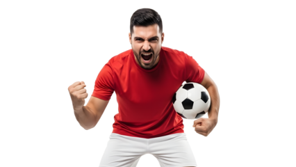 Triumphant football player holding soccer ball and celebrating with a fist pump on transparent background