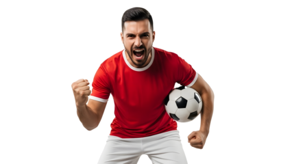 Triumphant football player celebrating with soccer ball in studio on transparent background