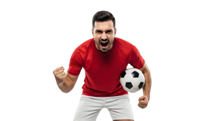Triumphant soccer player holding ball and celebrating victory in a studio setting on transparent background