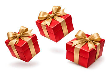 Obraz premium Three Red Gift Boxes with Gold Ribbons Floating on a White Background, Festive Celebration and Surprise Present Concept
