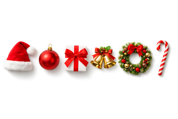 Festive Christmas decorations including a Santa hat, bauble, gift box, jingle bells, wreath, and candy cane arranged horizontally on a white background.