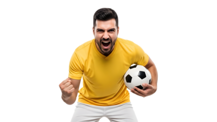 Triumphant football player holding soccer ball and celebrating with a strong expression on transparent background