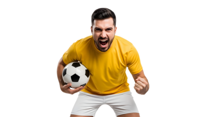 A triumphant soccer player holding a ball and celebrating a victory in a competitive match on transparent background