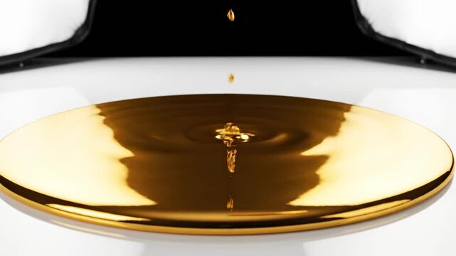 Smooth slow motion golden fluid flowing elegantly and settling into a perfectly clean shimmering promotional blank space new, modern, motion