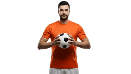 A man holding a soccer ball in front of a white background