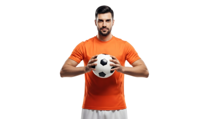 Man holding soccer ball in front of plain background on transparent background