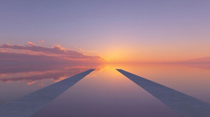 Tranquil Sunset Reflection Over Calm Water with Geometric Pathways Leading to the Horizon and Colorful Skies Displaying Shades of Purple and Orange