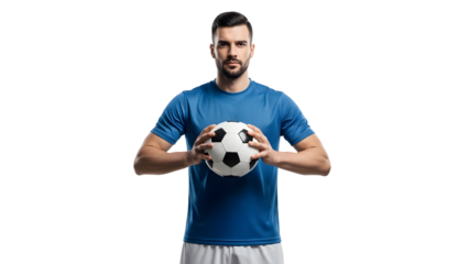 A man holding a soccer ball in his hands with a focused expression against a white transparent background