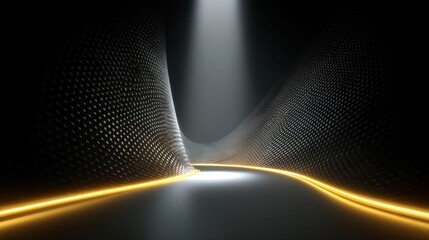 Abstract dark scene with illuminated pathway and dynamic curved textures creating a modern and futuristic visual atmosphere