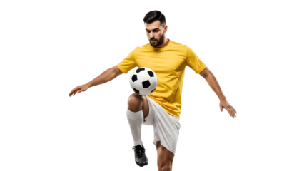 Man kicking a soccer ball with a focused expression in a sports action shot on transparent background