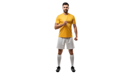 A male soccer player in a yellow jersey and white shorts standing on a white transparent background
