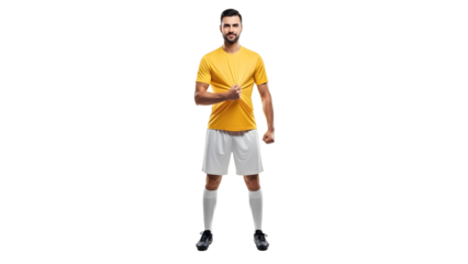 A male soccer player in a yellow jersey holding a ball, standing on transparent background