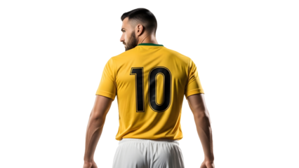 Man wearing yellow sports jersey with number 19 standing against on transparent background