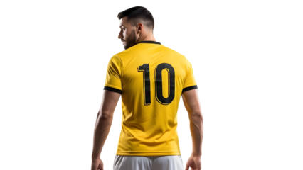 A male soccer player standing alone wearing a yellow jersey with the number 10 on the back, viewed from behind on transparent background