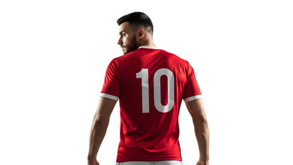 Man wearing red sports jersey with number 10 on a white background on transparent background