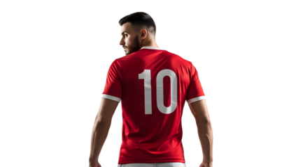 Man wearing red sports jersey with number 10 on a white background on transparent background
