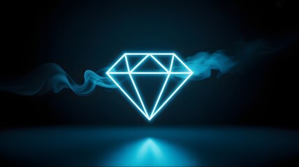 Glowing neon diamond with blue light trails on a dark background