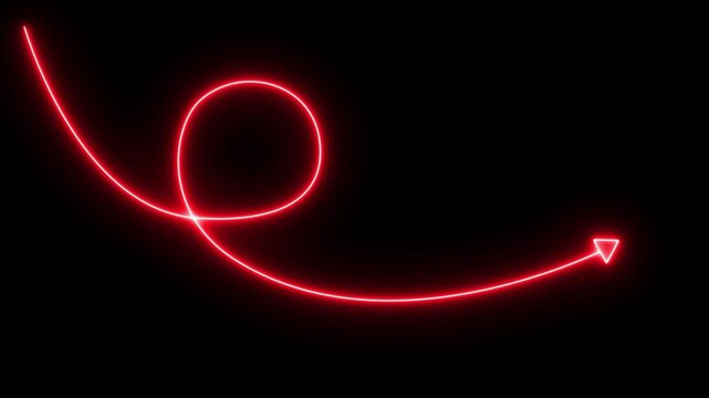 Glowing neon light Long dotted line arrow animation to indicate an object. arrow animation following wavy dotted line. Target arrow icon on black background. 