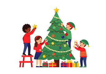 family decorating christmas tree