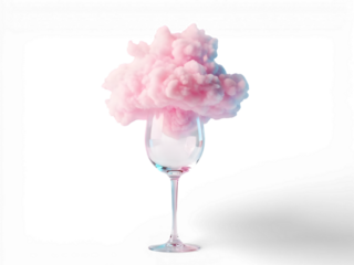 A whimsical pink cotton candy cloud in a clear wine glass on transparent background