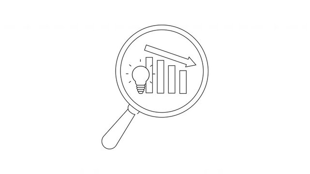 A magnifying glass shows a lightbulb and falling graph bars with an arrow